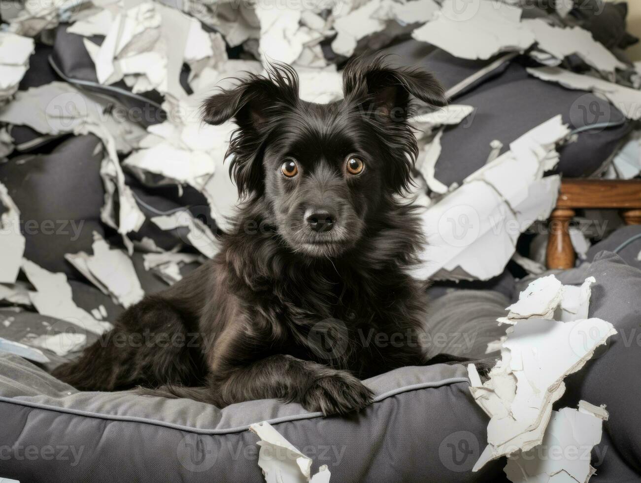 Dog with a mischievous expression surrounded by torn-up pillows AI Generative photo