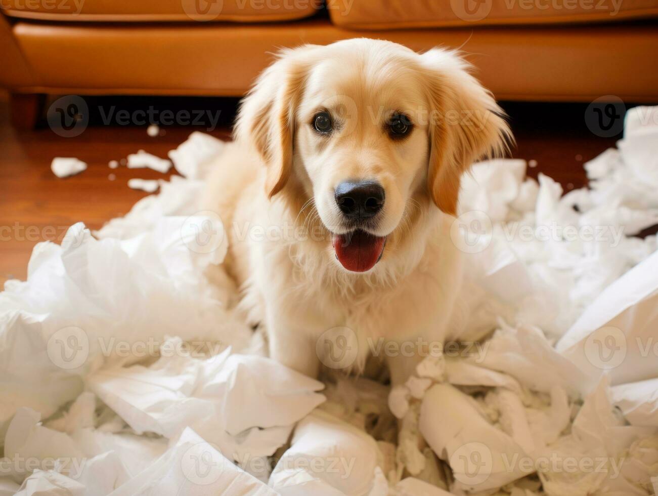 Dog with a mischievous expression surrounded by torn-up pillows AI Generative photo