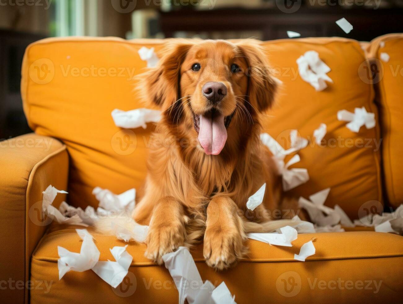 Dog with a mischievous expression surrounded by torn-up pillows AI Generative photo