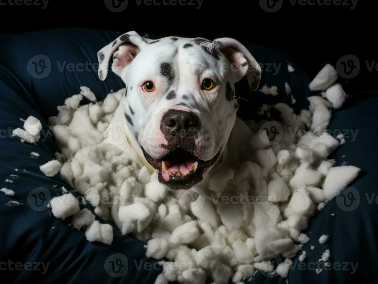 Dog with a mischievous expression surrounded by torn-up pillows AI Generative photo