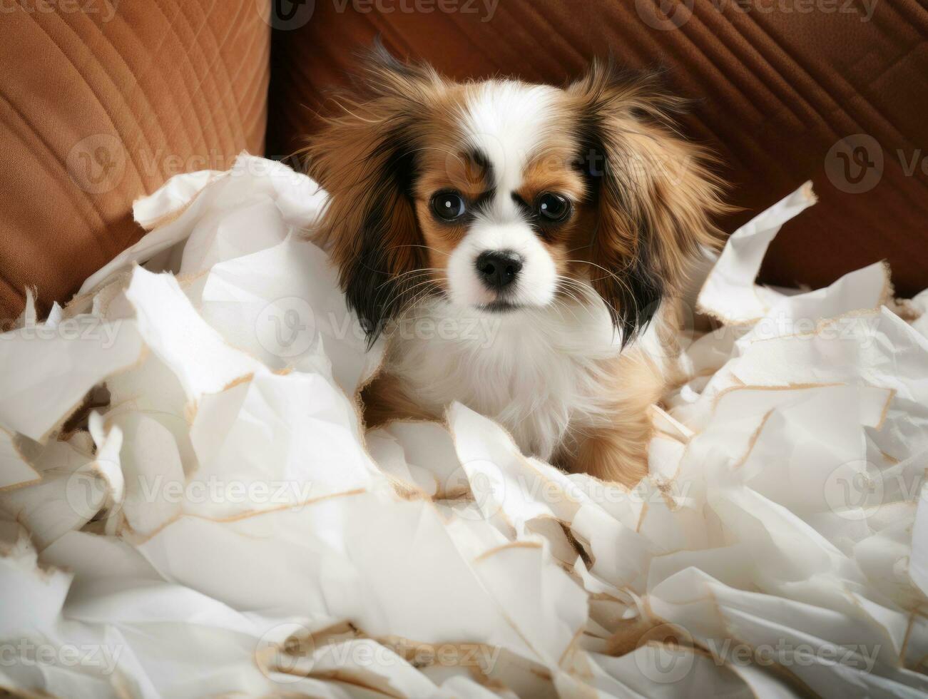 Dog with a mischievous expression surrounded by torn-up pillows AI Generative photo