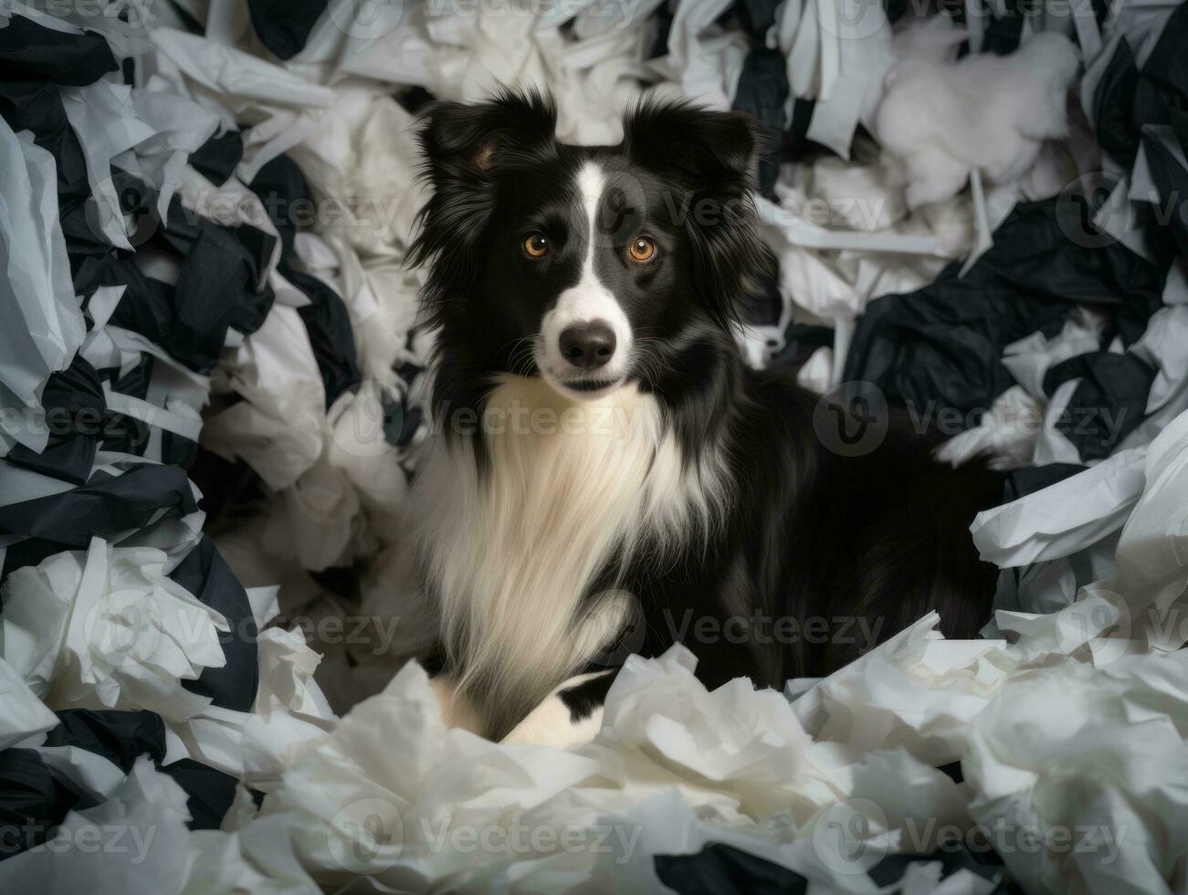 Dog with a mischievous expression surrounded by torn-up pillows AI Generative photo