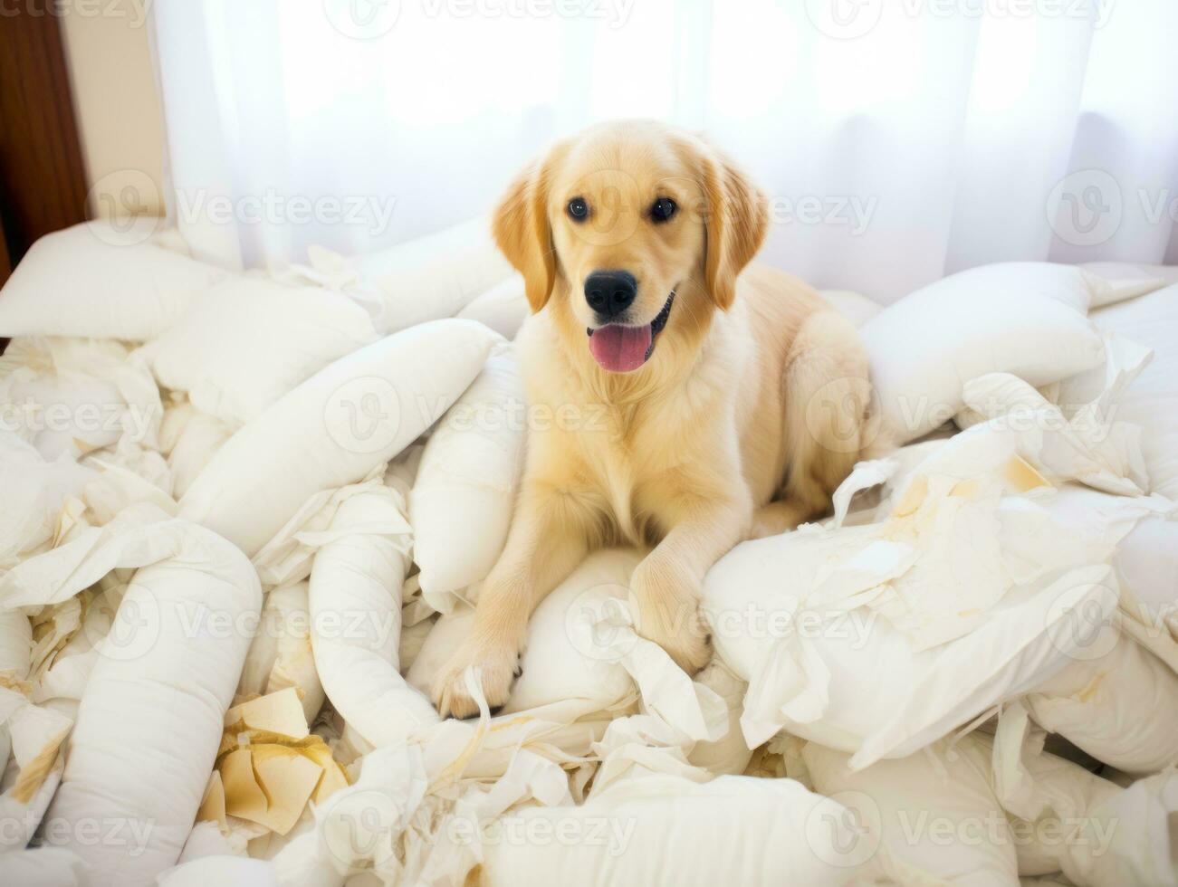 Dog with a mischievous expression surrounded by torn-up pillows AI Generative photo