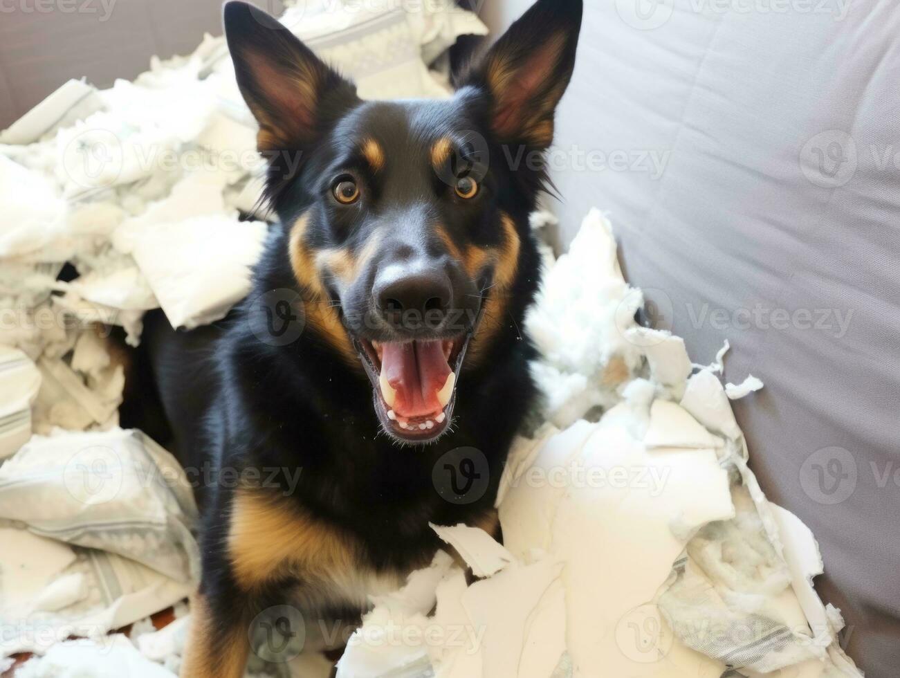 Dog with a mischievous expression surrounded by torn-up pillows AI Generative photo