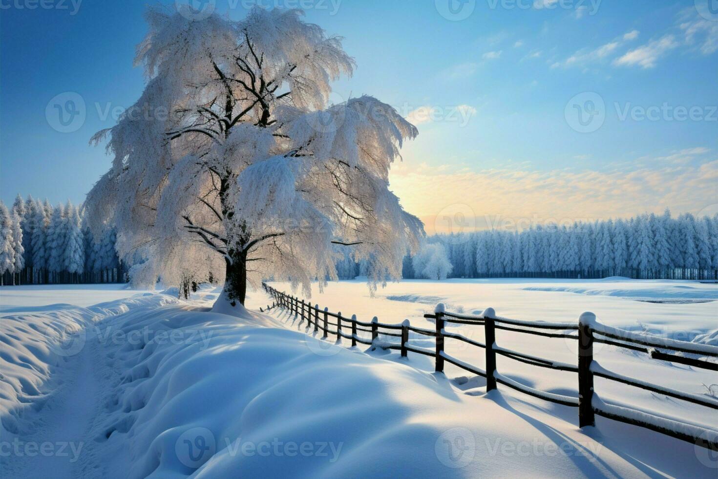 Natures wintry charm a scenic view of snow covered, majestic trees AI Generated photo