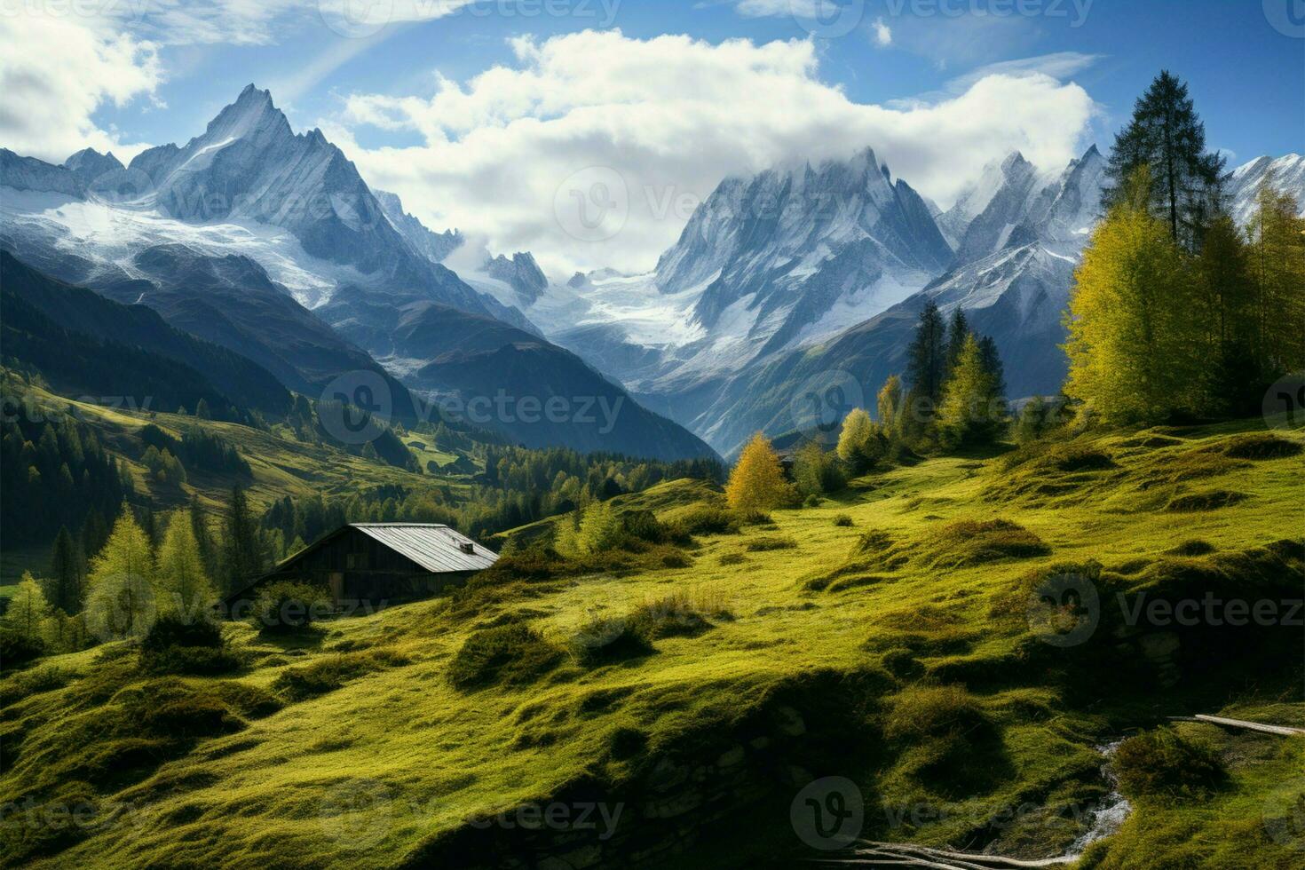 In the French Alps, natures splendor unfolds in a picturesque landscape AI Generated photo