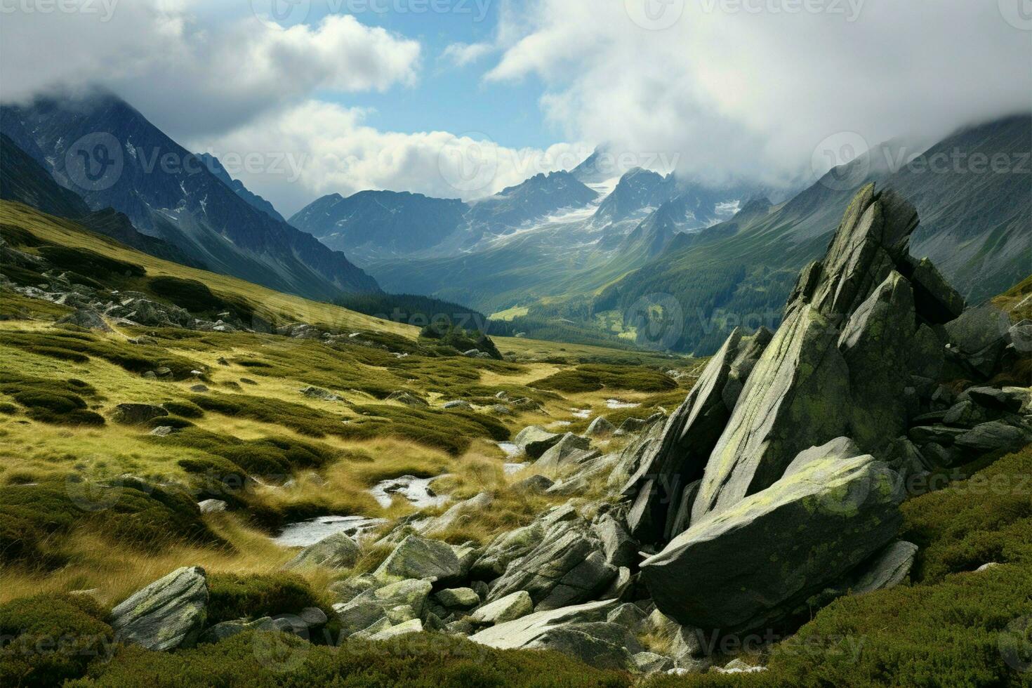 naturalezas grandeza exhibido en el vasto y escabroso montaña paisaje ai generado foto