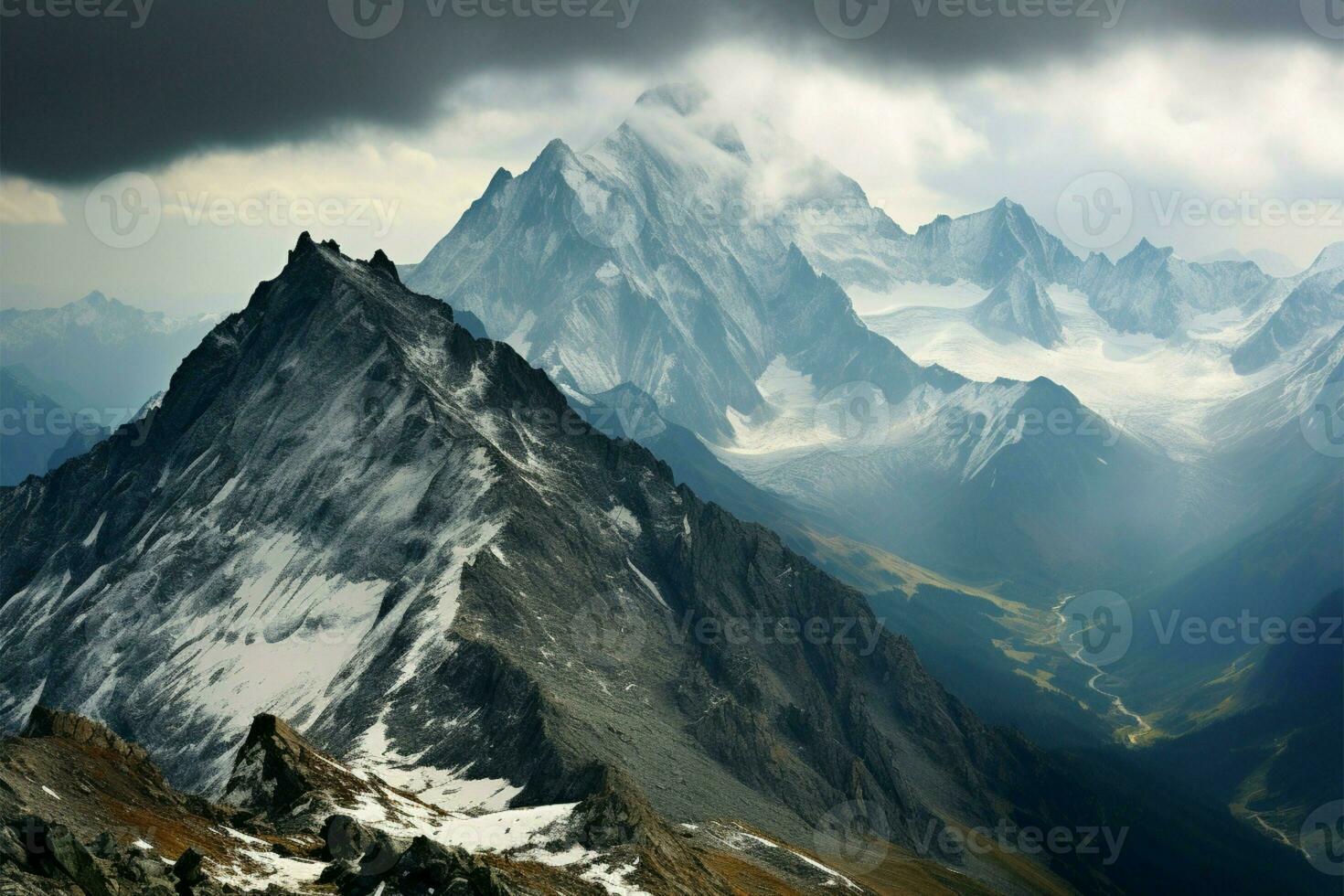 Majestic peaks in a vast expanse, natures timeless, rugged beauty AI Generated photo