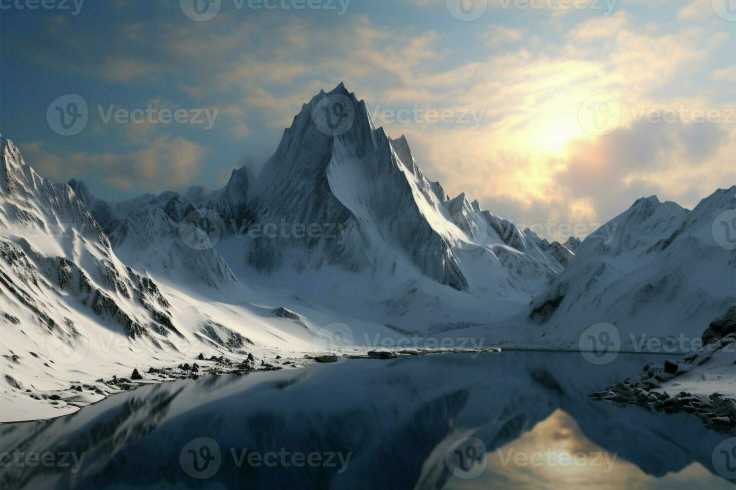 Digital art presents snow covered peaks in a 3D mountain setting AI Generated photo