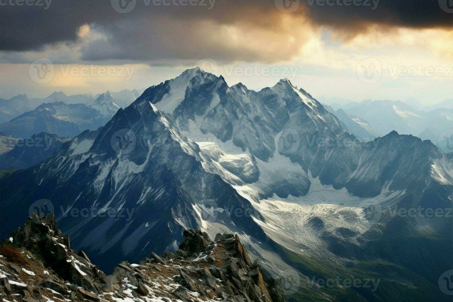 majestuoso picos en un vasto extensión, naturalezas eterno, escabroso belleza ai generado foto