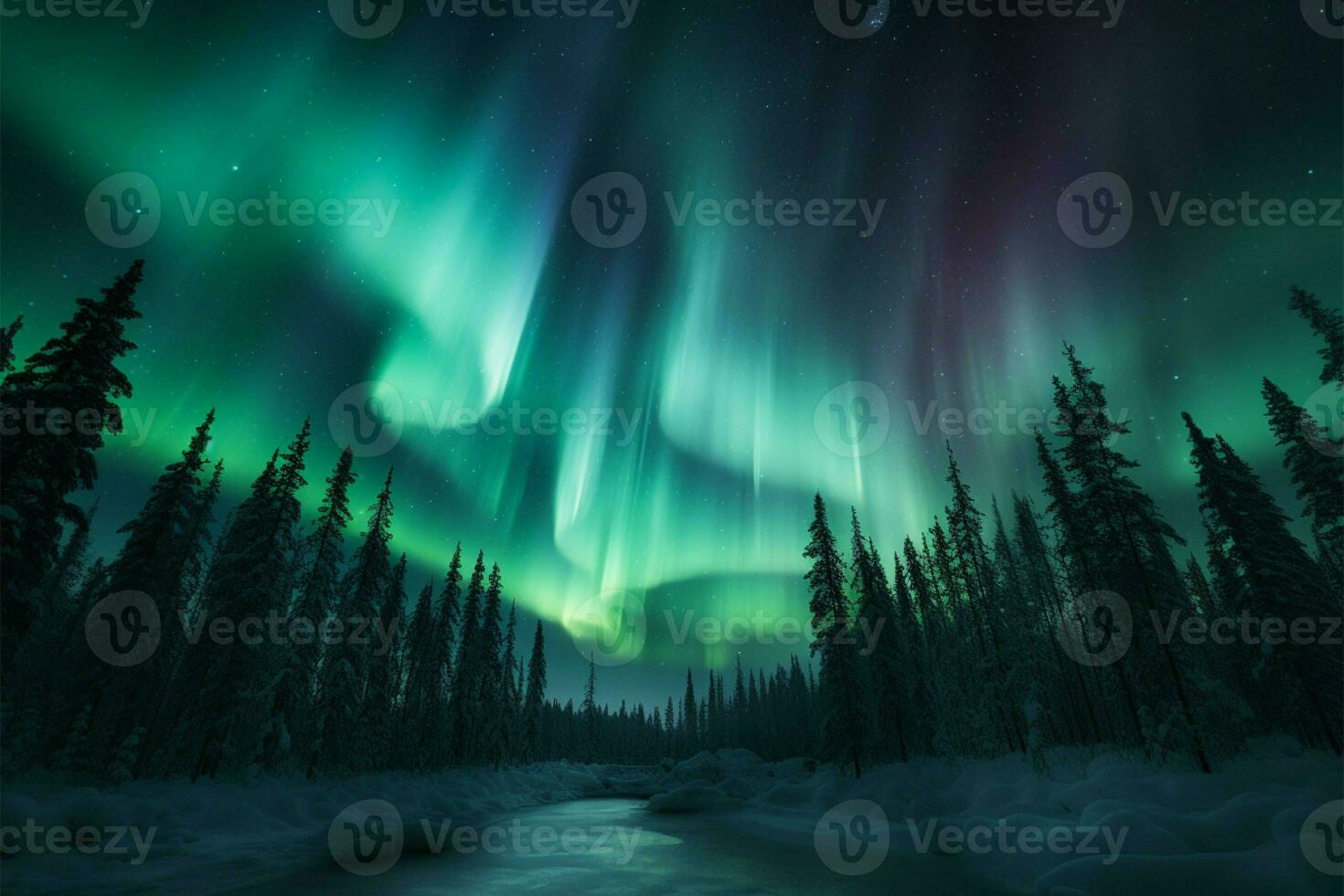 Emerald aurora dances above the northern forest, enchanting the night AI Generated photo
