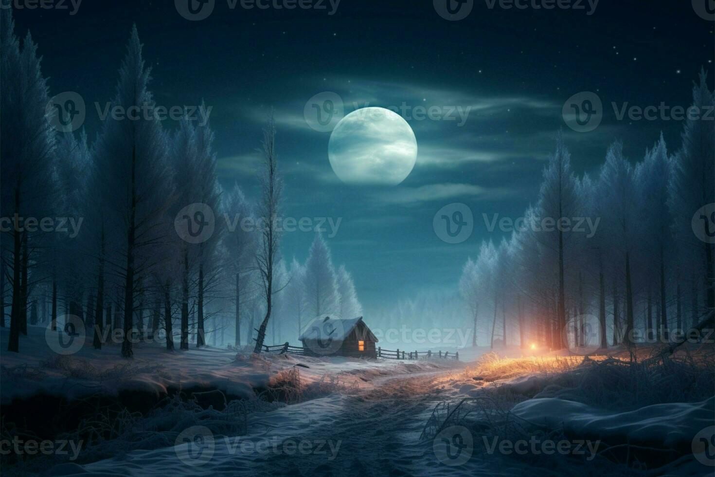 fantasmal luz de la luna mantas un congelado bosque en un invierno noche ai generado foto