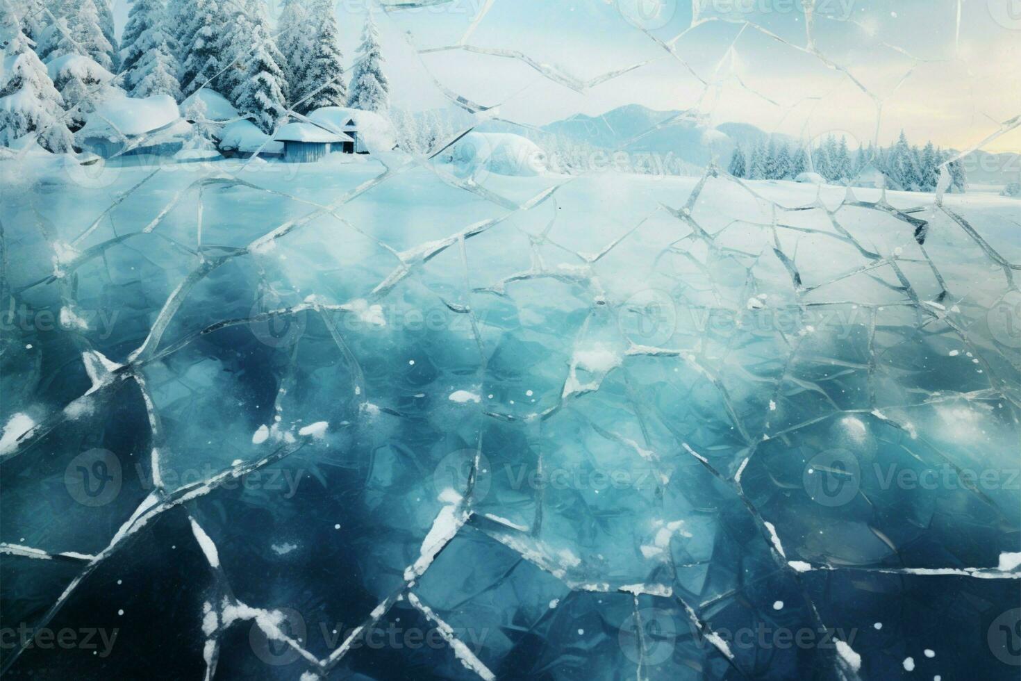 In the Carpathian mountains, a snowfall blankets a frozen lakes cracked, blue ice AI Generated photo