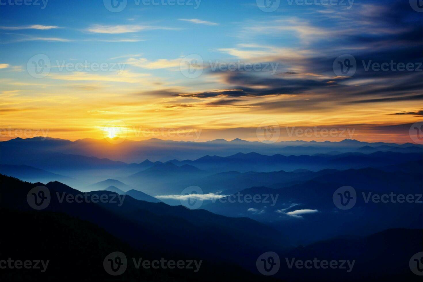 Mountains aglow in shades of tranquil blue during the sunset AI Generated photo