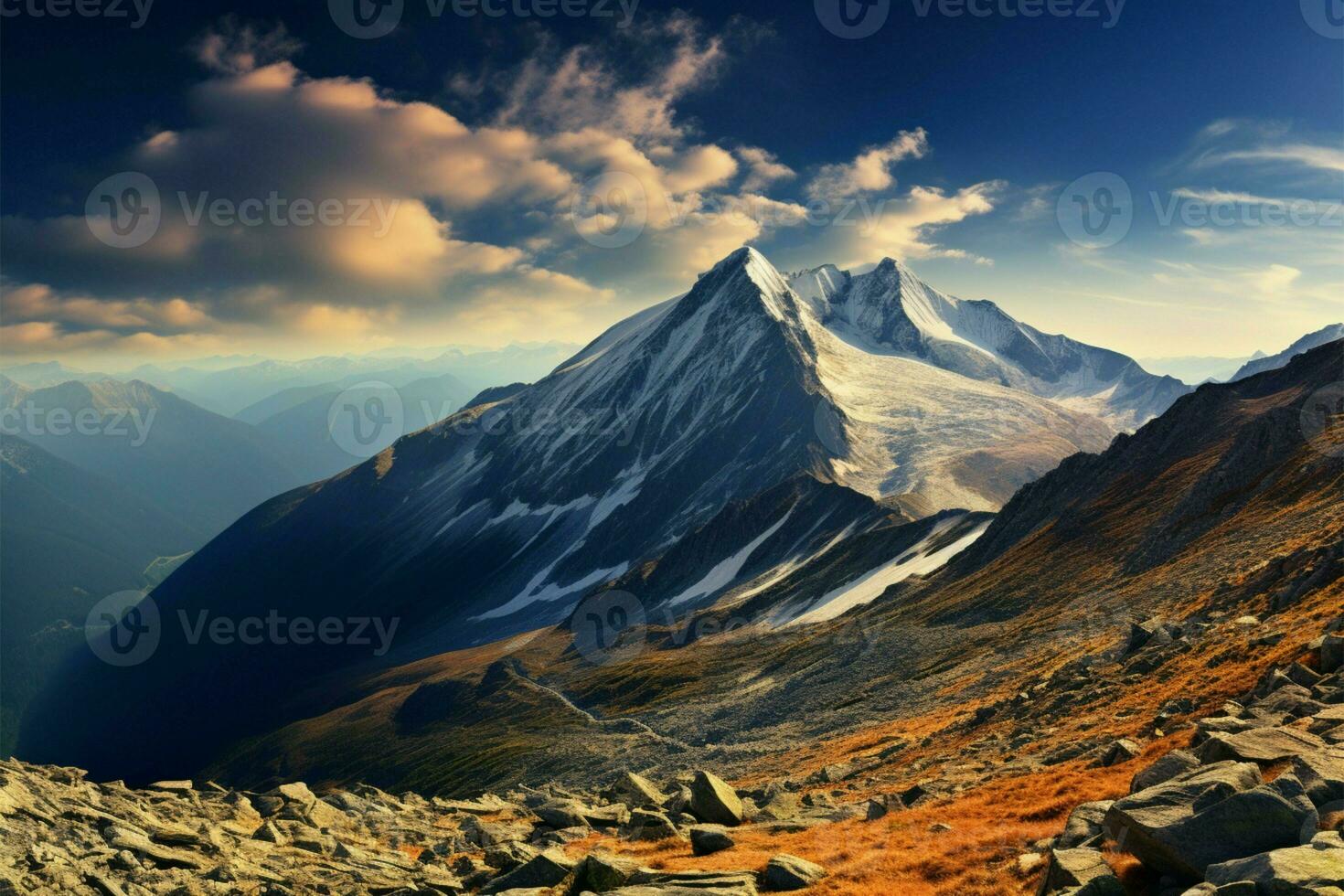 Majestic peaks define a breathtaking and rugged mountain landscape AI Generated photo