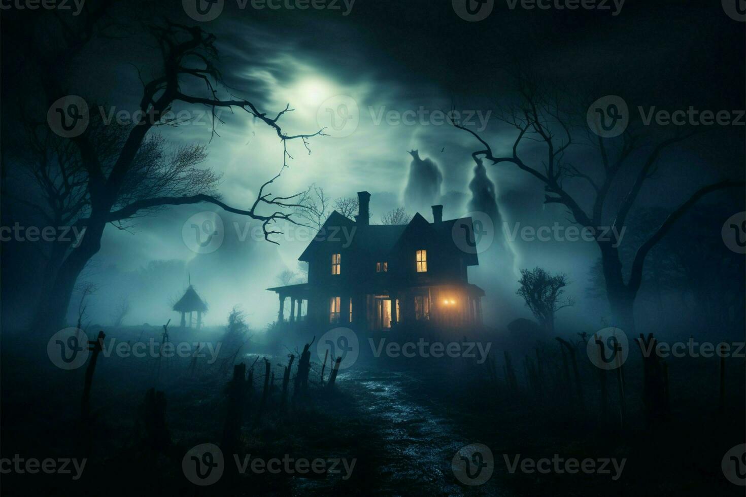 Creepy haunted house with atmospheric fog and room for text AI Generated photo