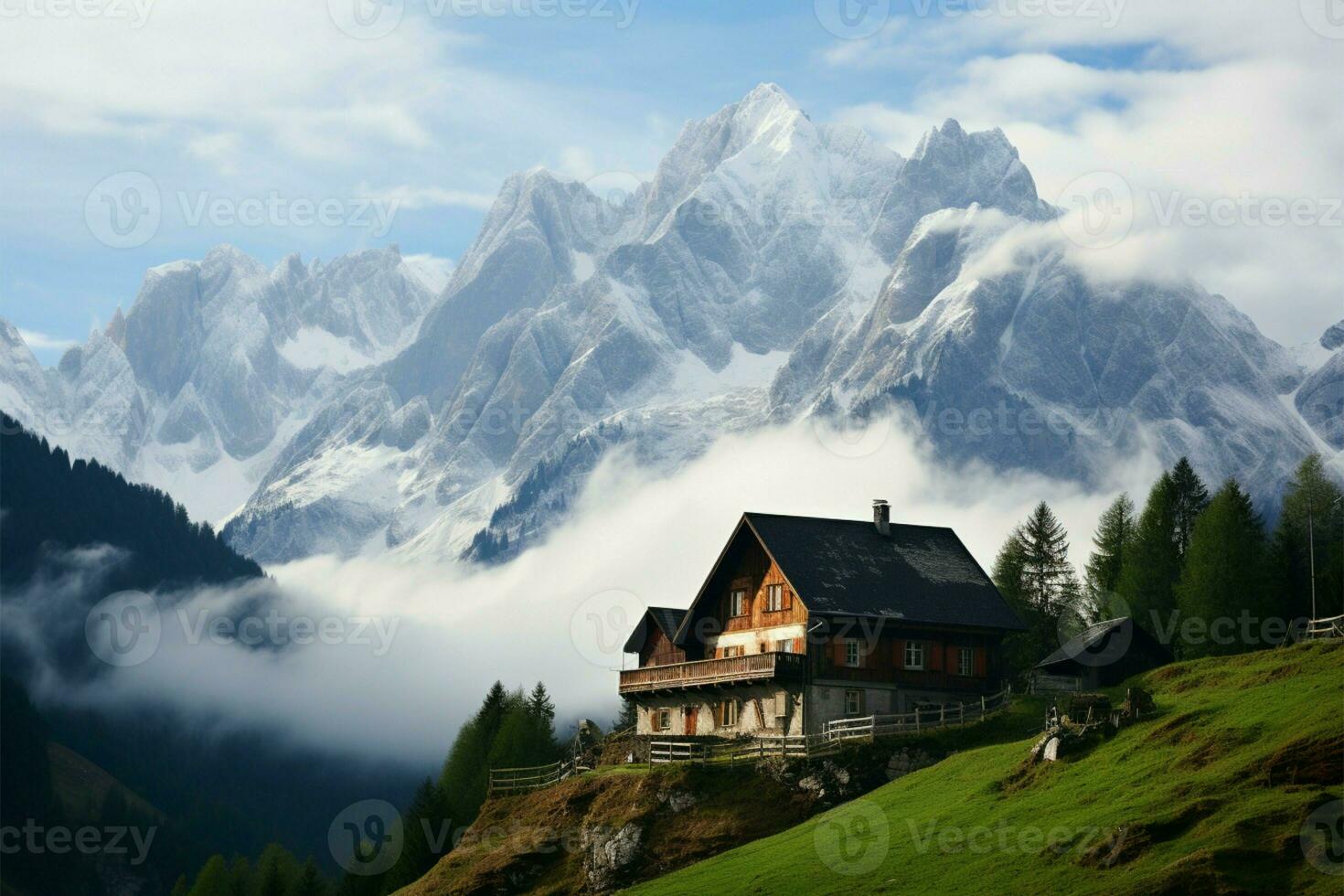 Fog clad Dachstein, a backdrop to idyllic alpine village houses AI Generated photo