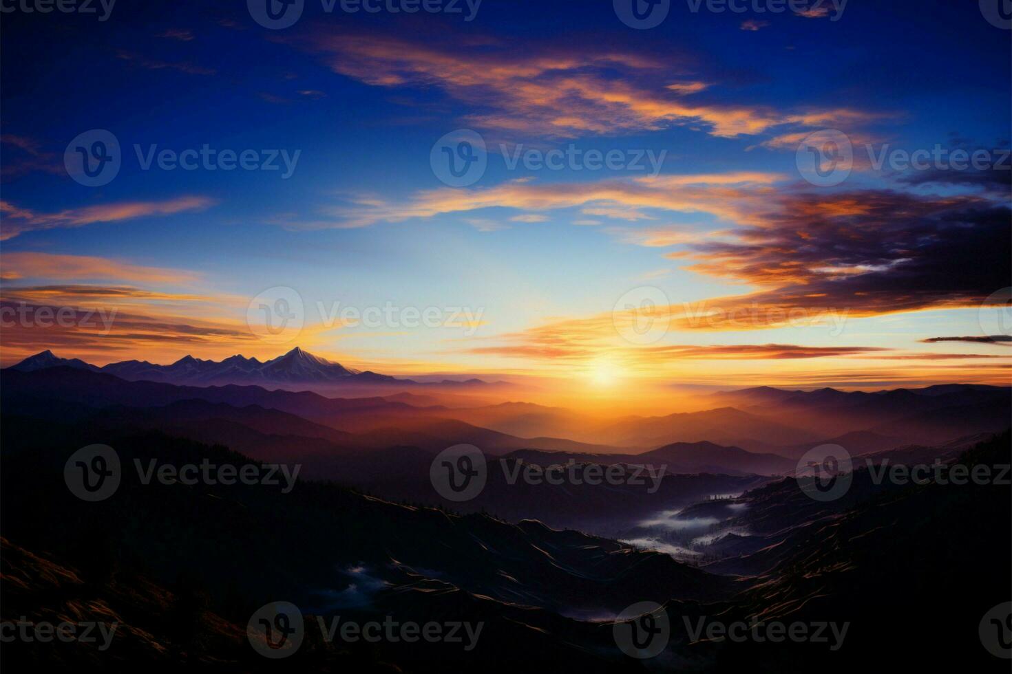 Evenings grace the mountains embrace a calming, azure twilight blue AI Generated photo