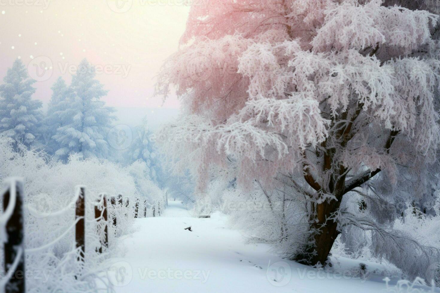 Hoarfrost blankets a serene winter scene with trees and a frosty fence AI Generated photo