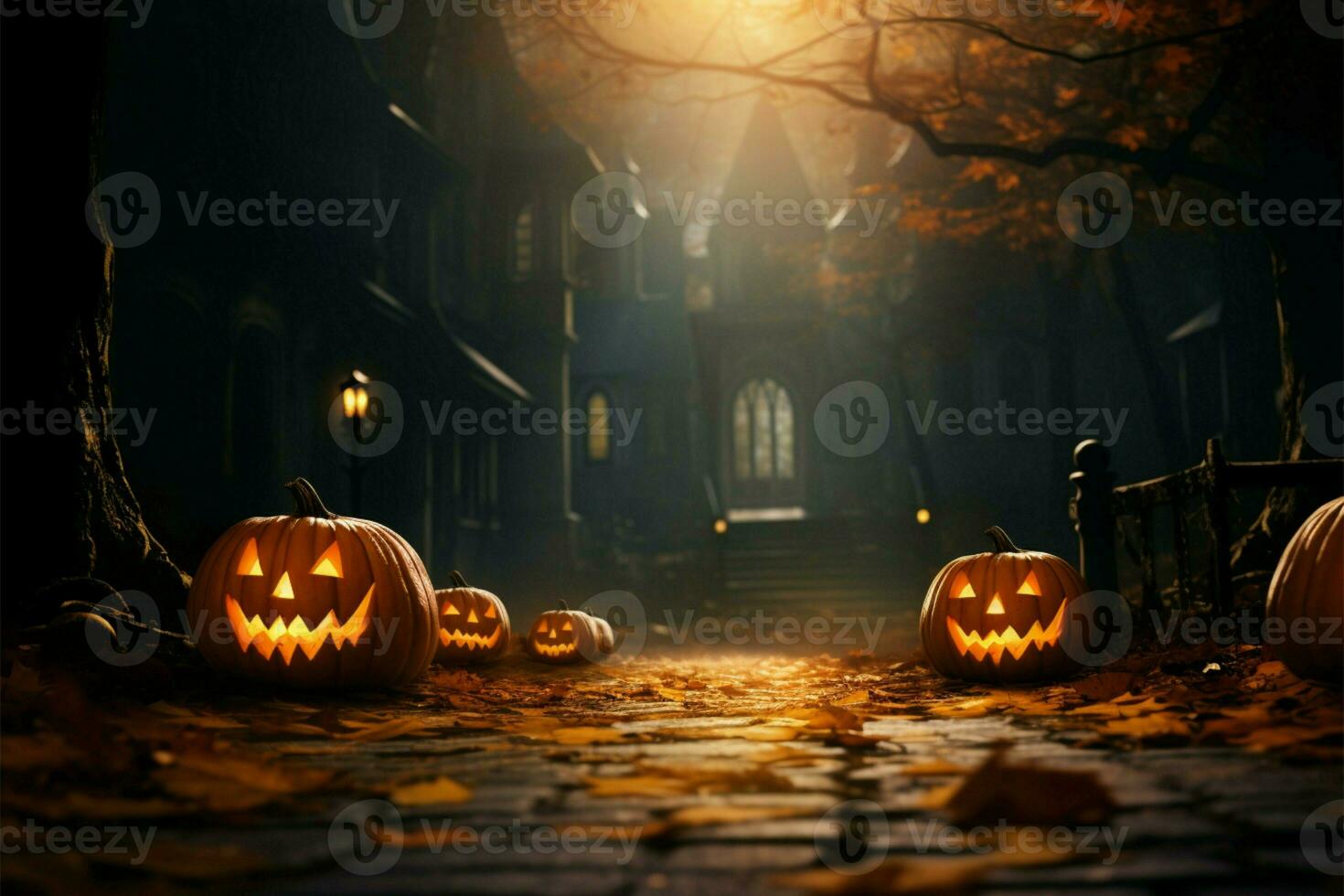 Halloween spooky festivities against a picturesque autumn backdrop AI Generated photo