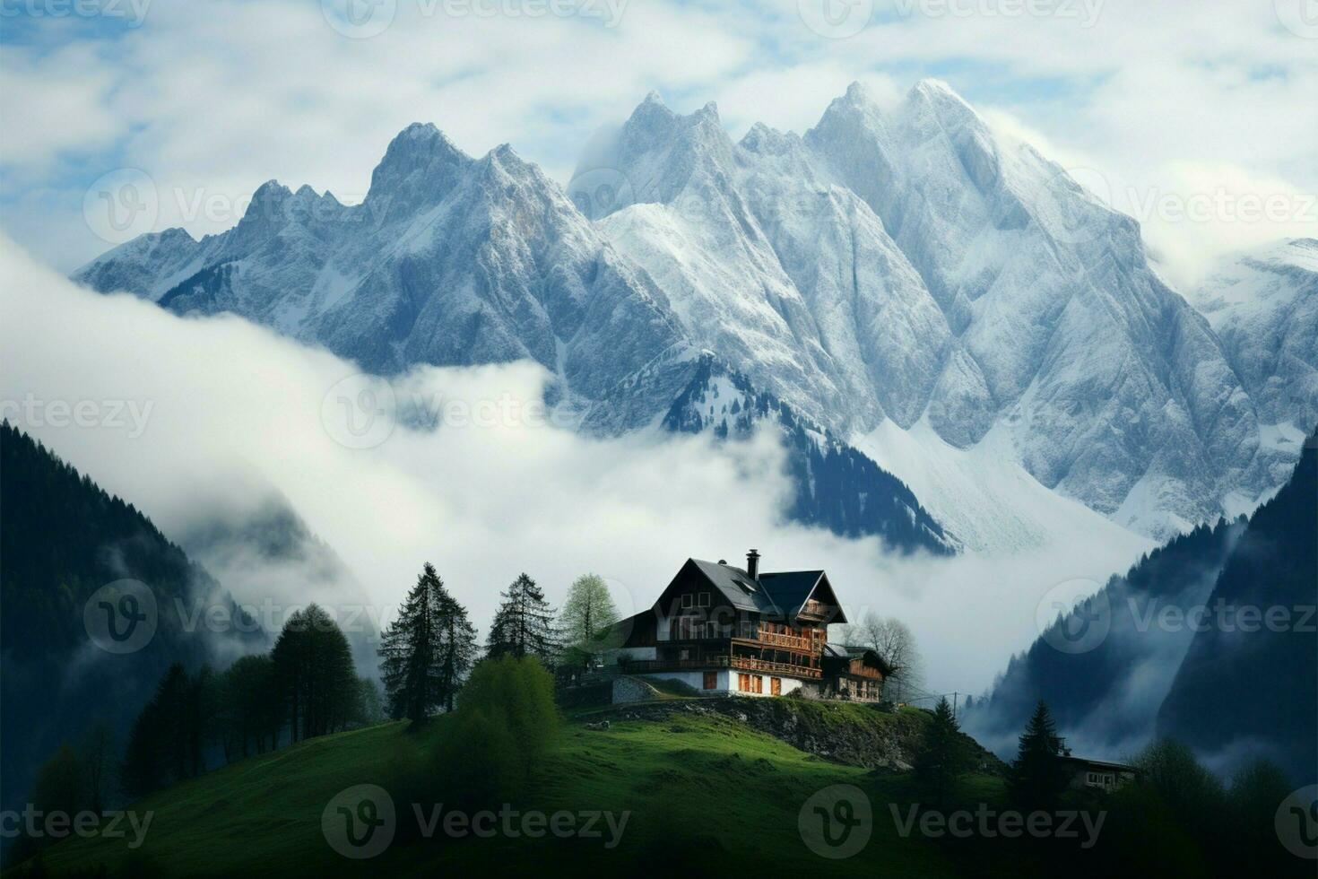 Dachstein mountain shrouded in fog with picturesque alpine houses AI Generated photo