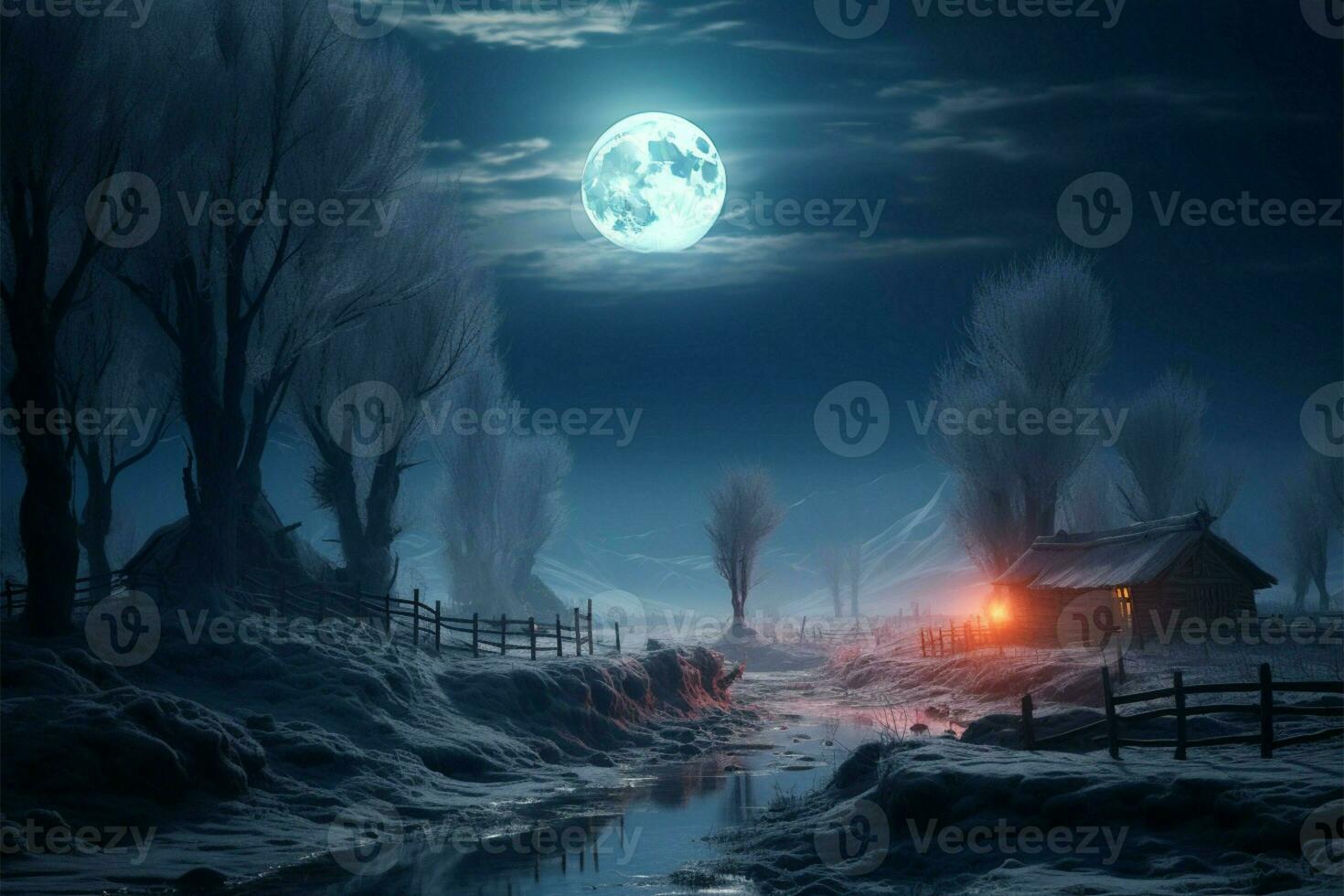 Eerie moonlight casts an icy glow over the frozen forest at night AI Generated photo