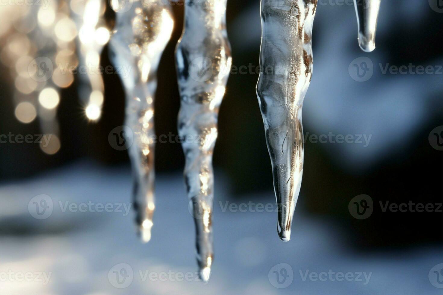 Icicles dangle like frozen diamonds from the trees frosty limbs AI Generated photo