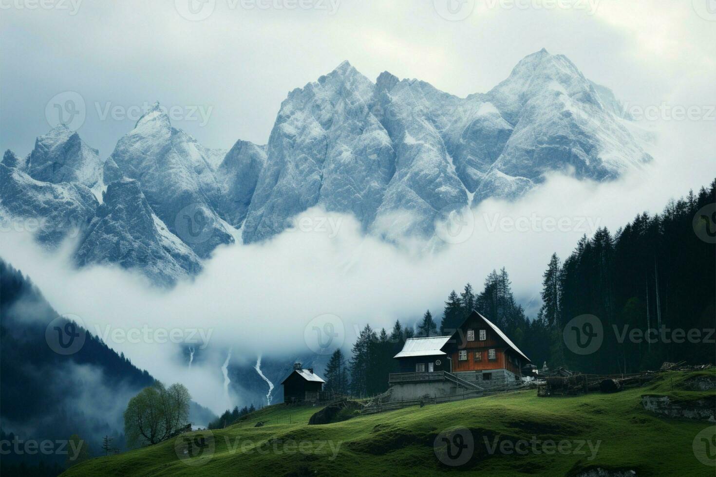 Fog clad Dachstein, a backdrop to idyllic alpine village houses AI Generated photo