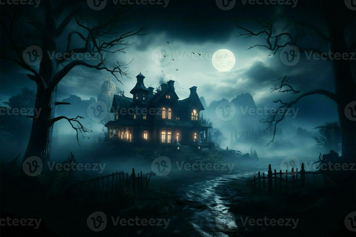 Ghostly manor with eerie lighting and fog, room for text AI Generated photo