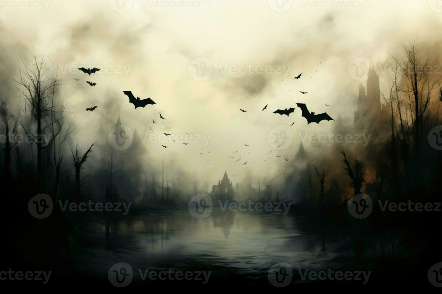 From the shadows, bats emerge, their silent wings etching eerie silhouettes AI Generated photo