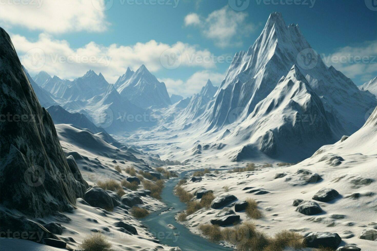 alto montaña cima, coronado con nieve, un panorámico preguntarse de naturaleza ai generado foto