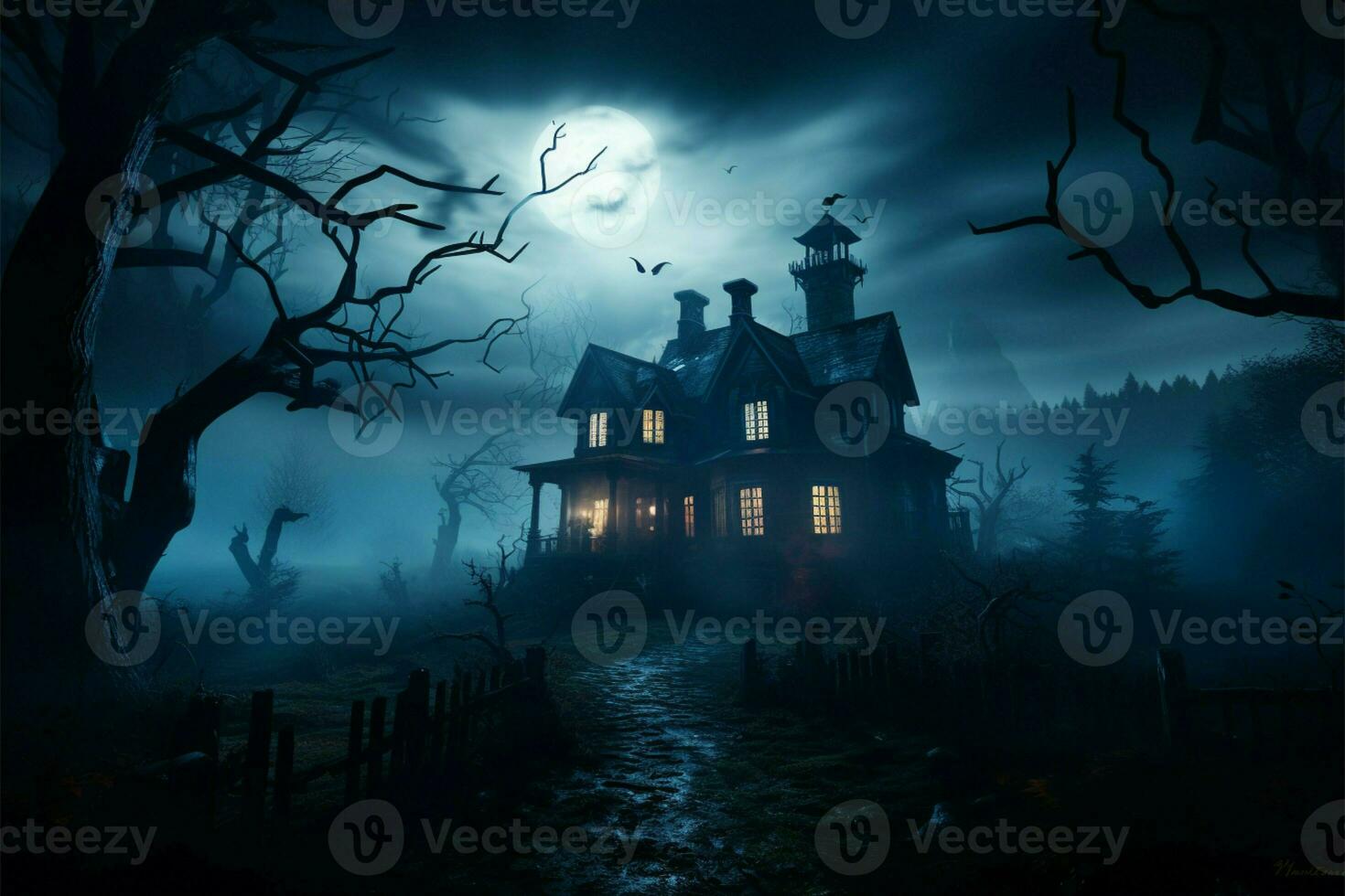 Eerie lighting and fog envelop a spooky haunted house backdrop AI Generated photo