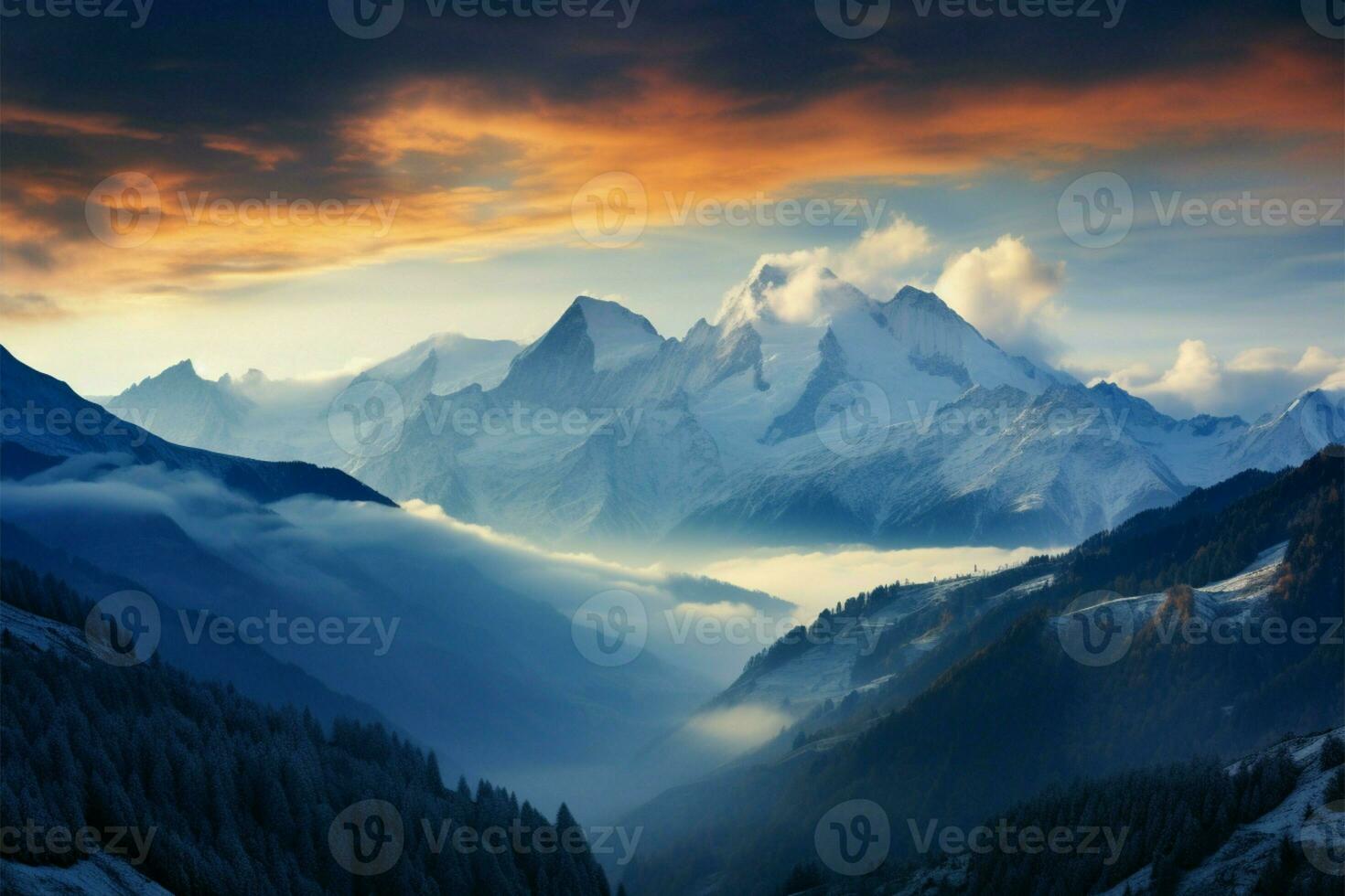 Caucasus Mountains in Europe concealed by dense fog in Svaneti AI Generated photo