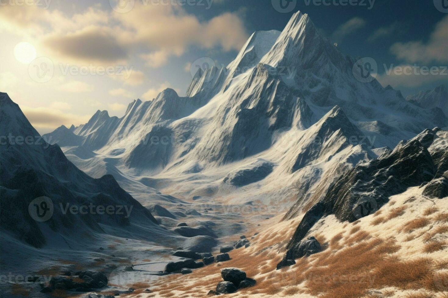 High mountain peak, crowned with snow, a panoramic wonder of nature AI Generated photo