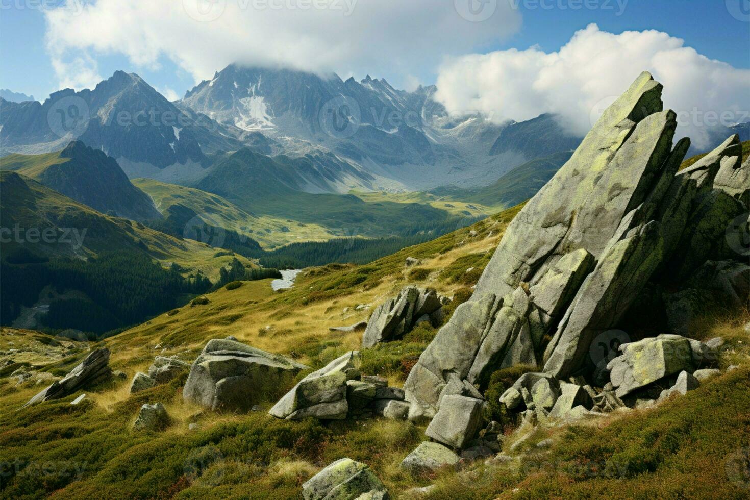 alto altitud belleza en paisaje montañoso, dónde naturalezas maravillas tomar centrar etapa ai generado foto