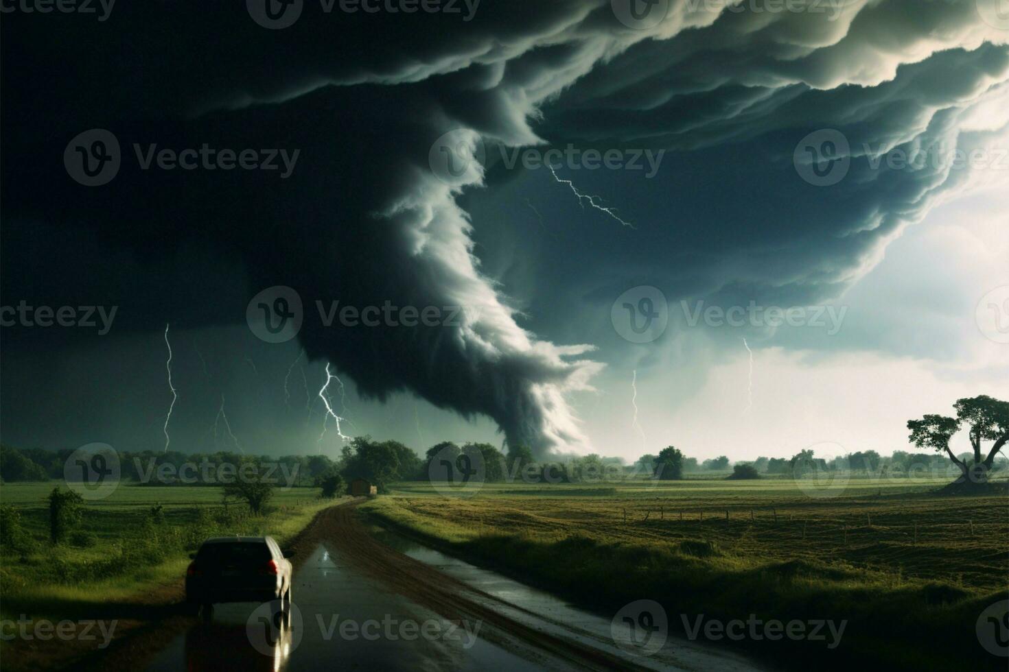 Tornados wrath descends, shrouded in a menacing, village consuming dark cloud AI Generated photo
