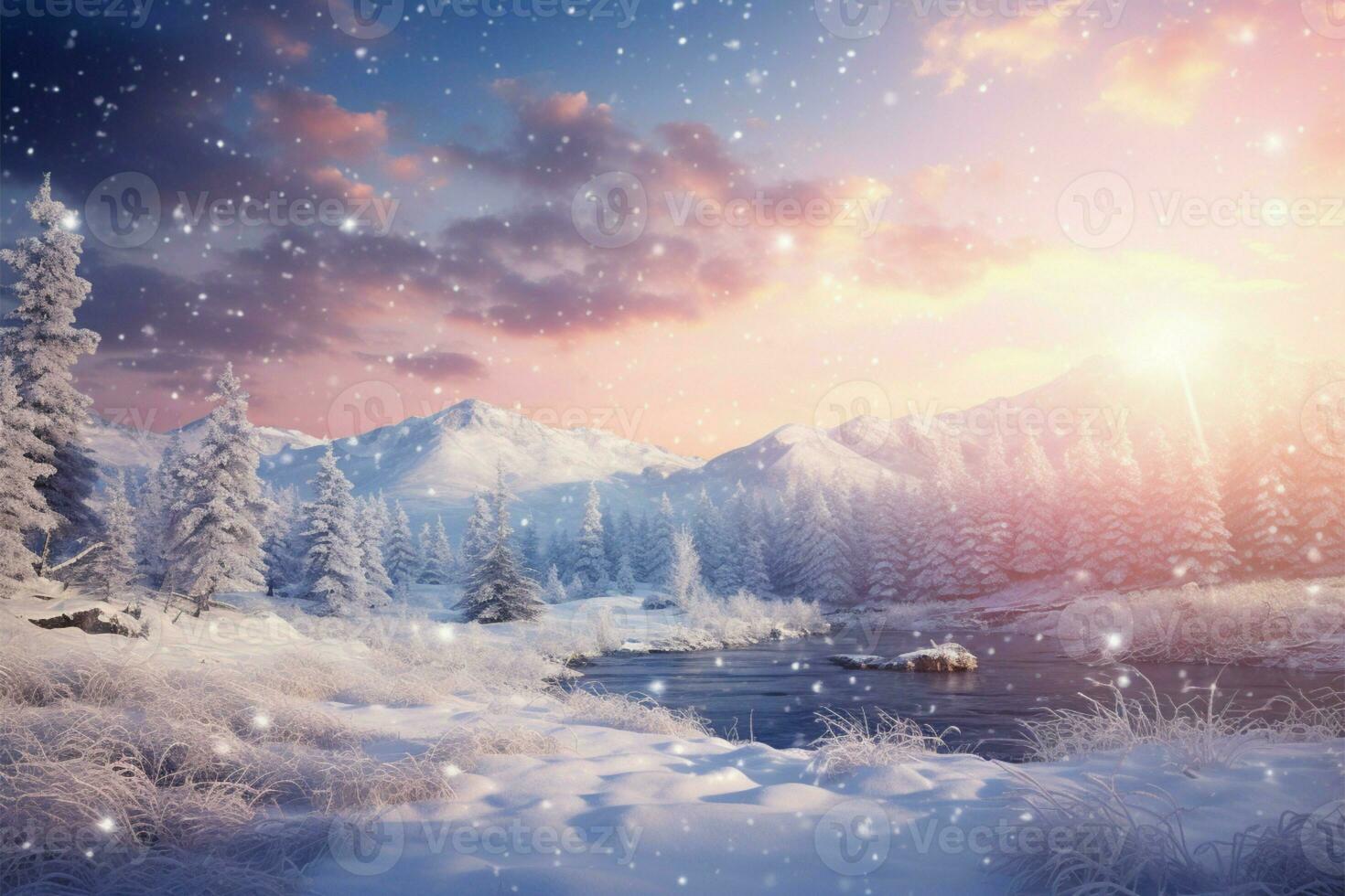 Enchanting winter scene with subtle, dreamlike highlights in the background AI Generated photo