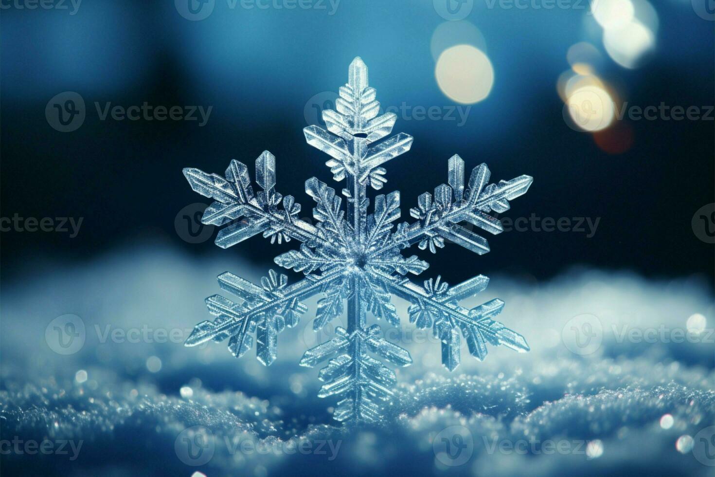 Close up a solitary, intricate snowflake against a text friendly backdrop AI Generated photo
