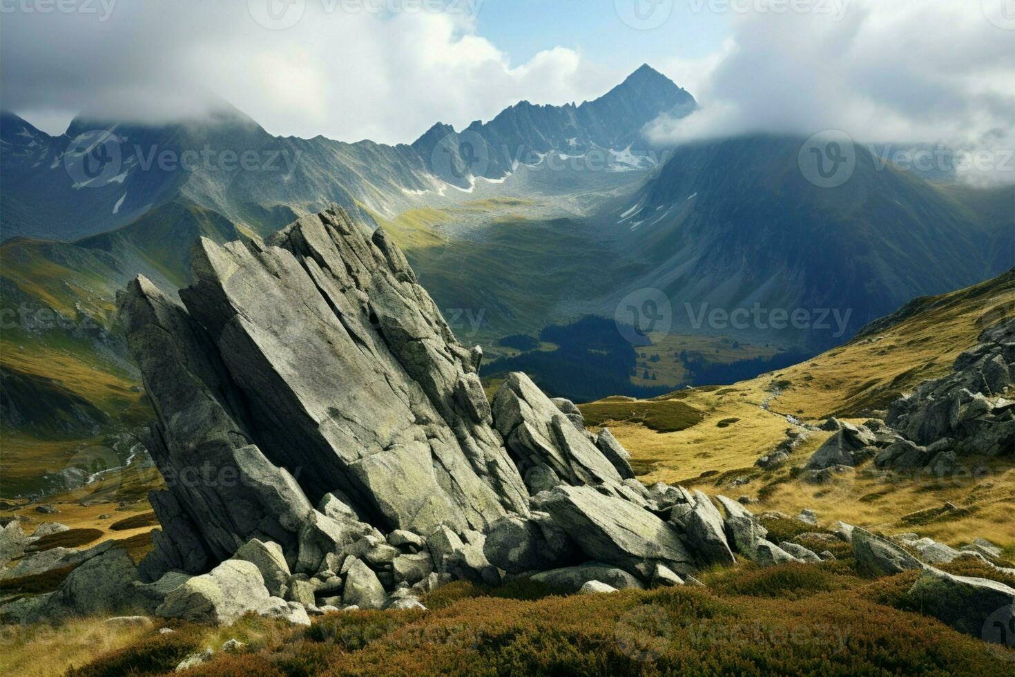 alto altitud belleza en paisaje montañoso, dónde naturalezas maravillas tomar centrar etapa ai generado foto