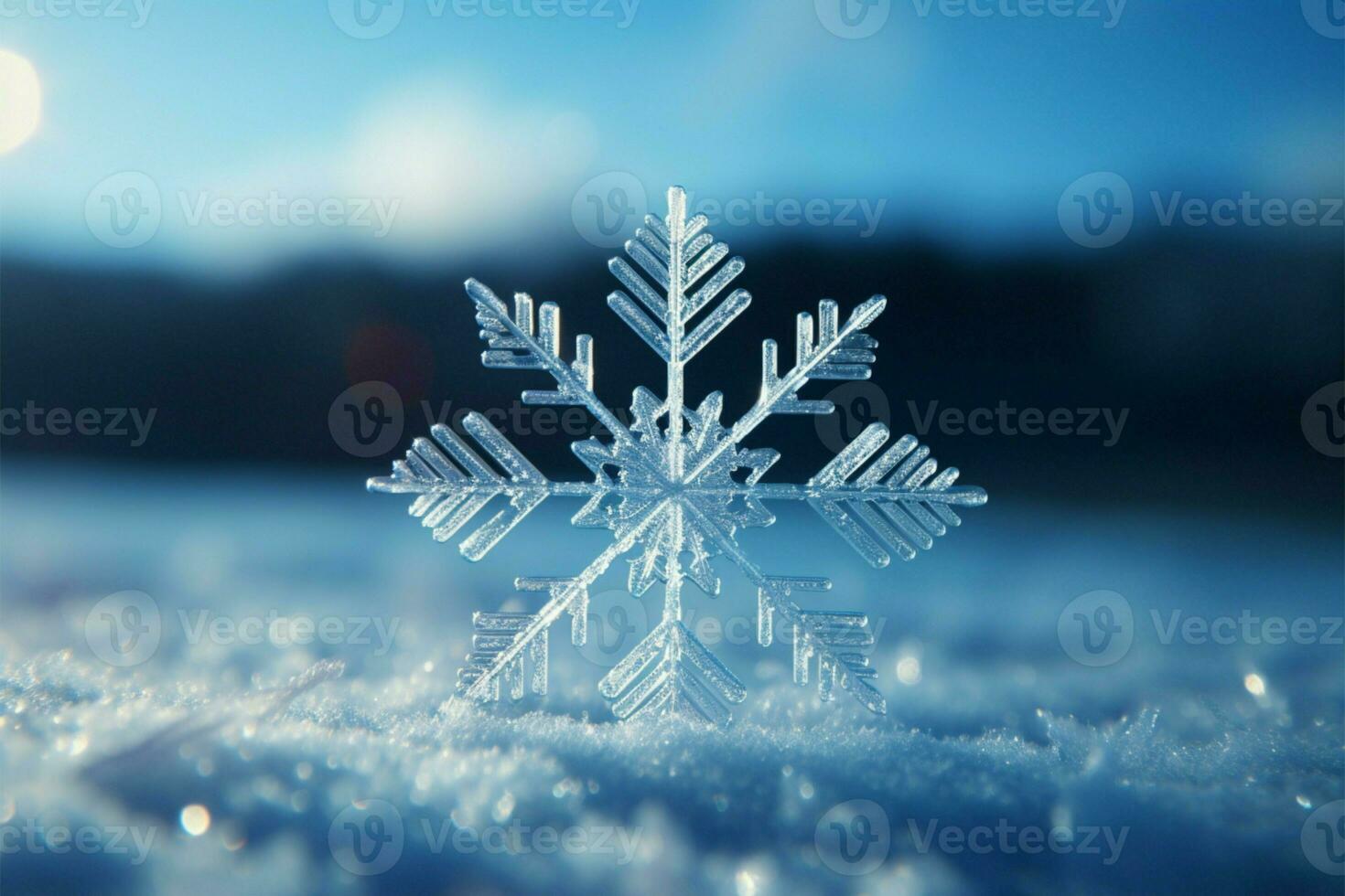 A single, delicate snowflake, with a spacious background for text AI Generated photo
