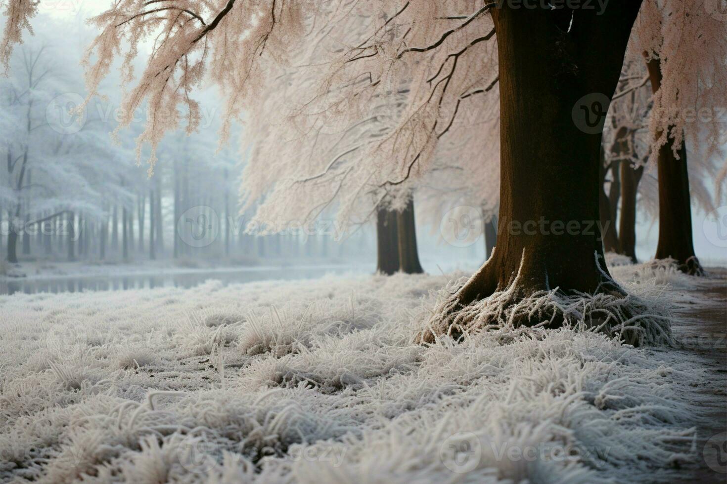 Amid the frosty beechwood, natures serene winter elegance shines through AI Generated photo
