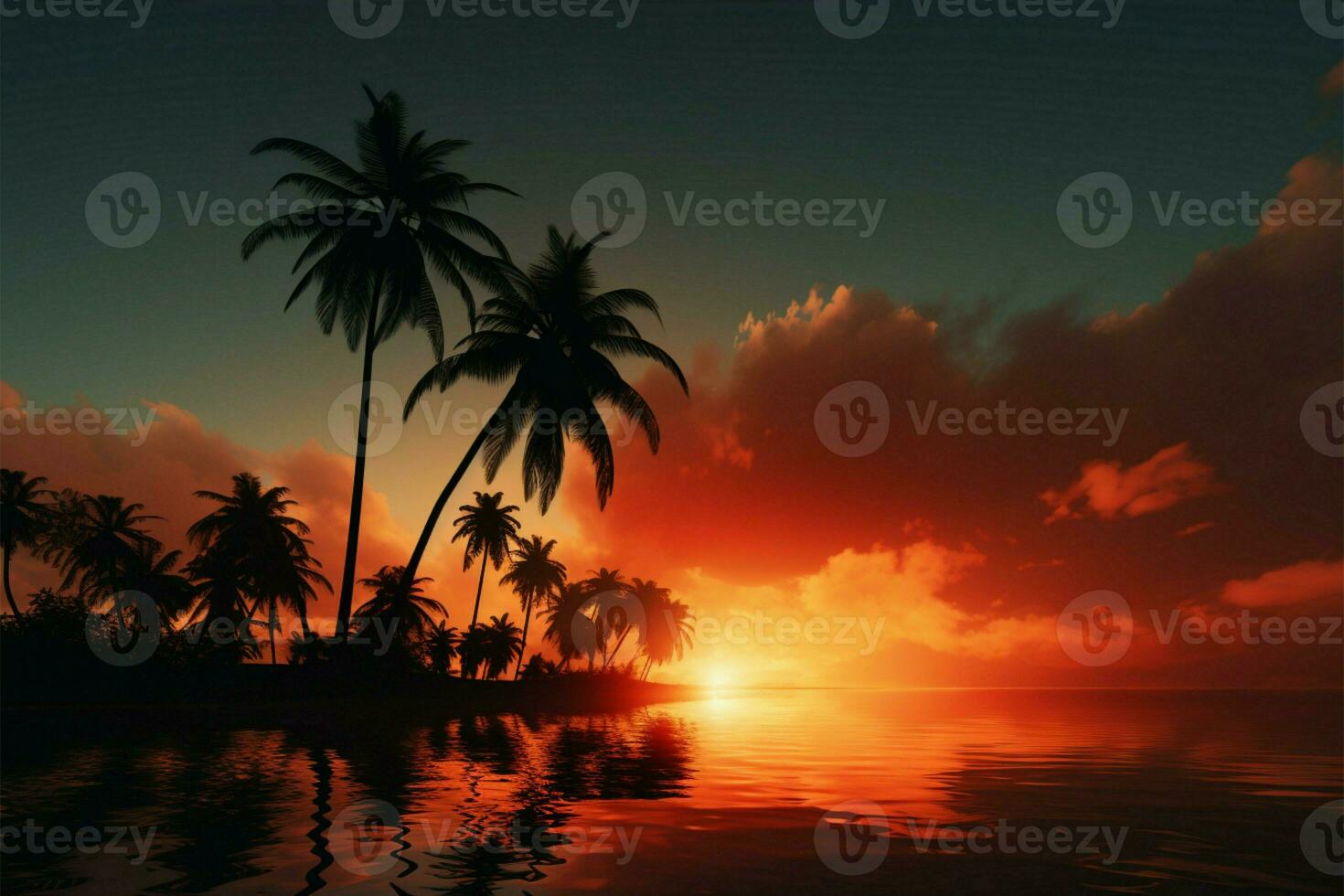 Palm tree silhouettes grace a tropical paradise, an idyllic vacation scene AI Generated photo