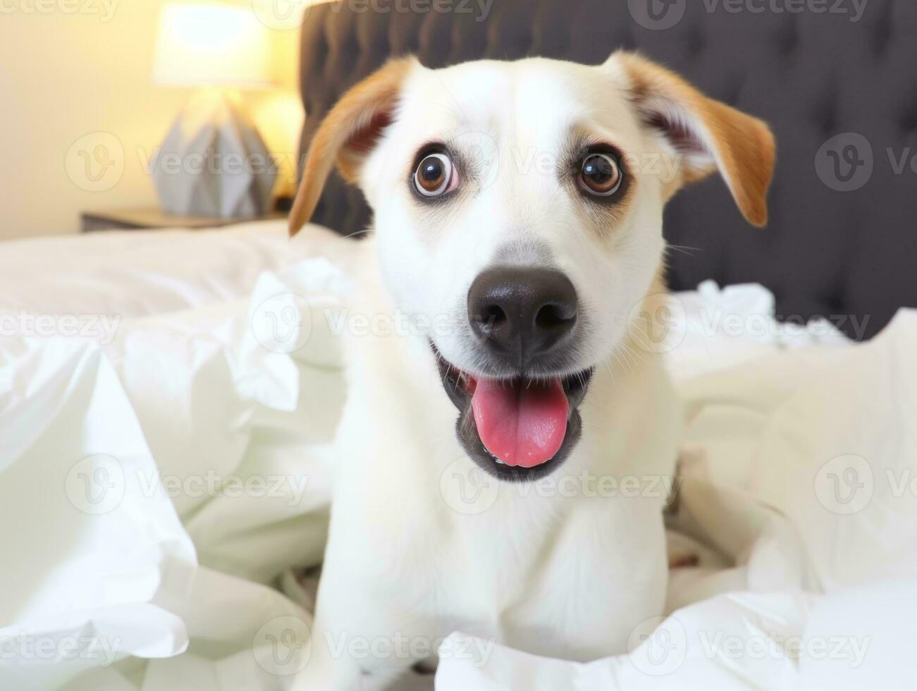 Dog with a mischievous expression surrounded by torn-up pillows AI Generative photo