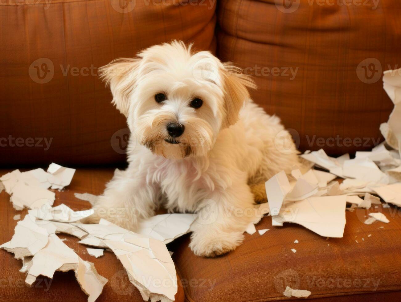 Dog with a mischievous expression surrounded by torn-up pillows AI Generative photo