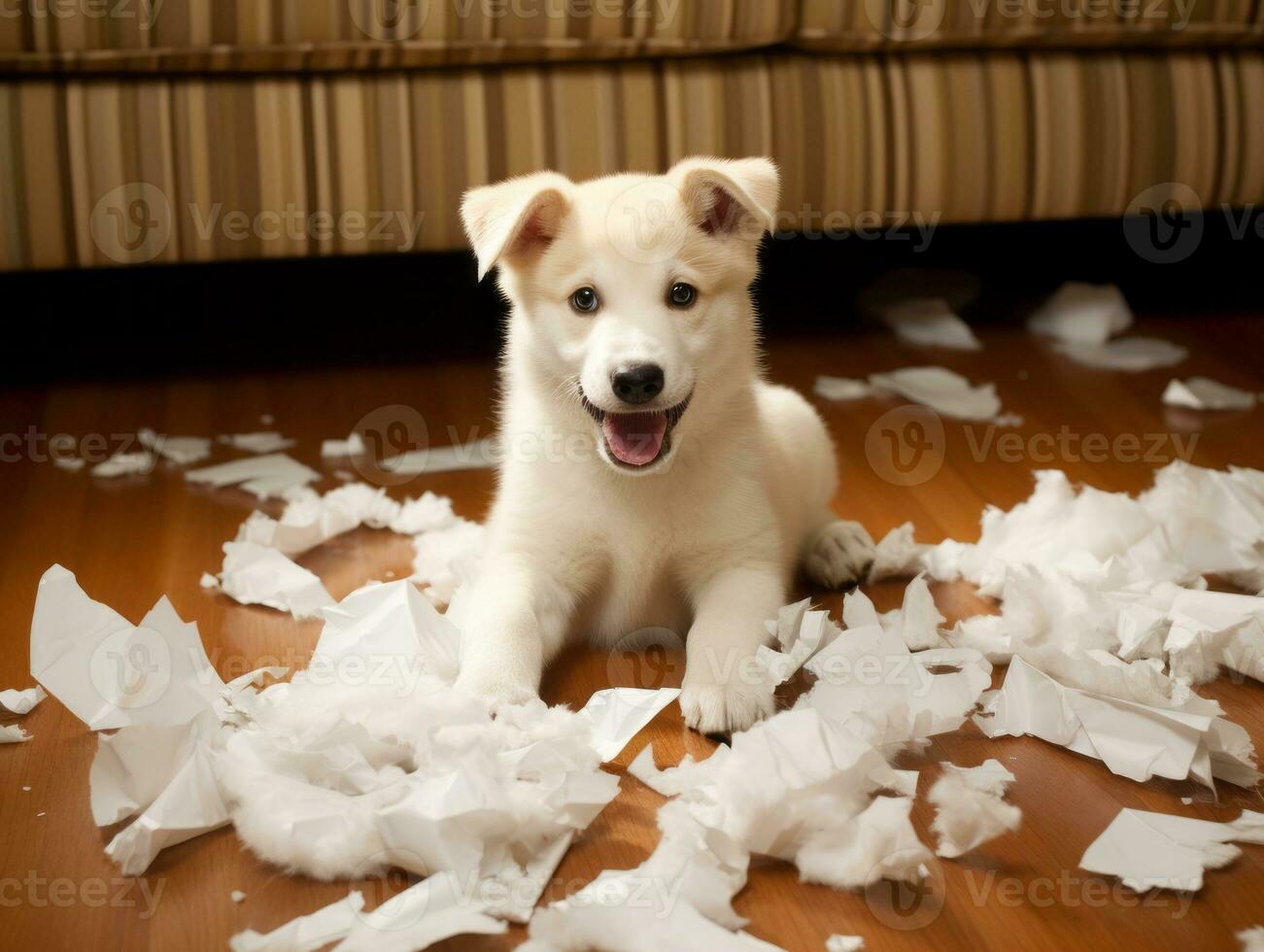 Dog with a mischievous expression surrounded by torn-up pillows AI Generative photo
