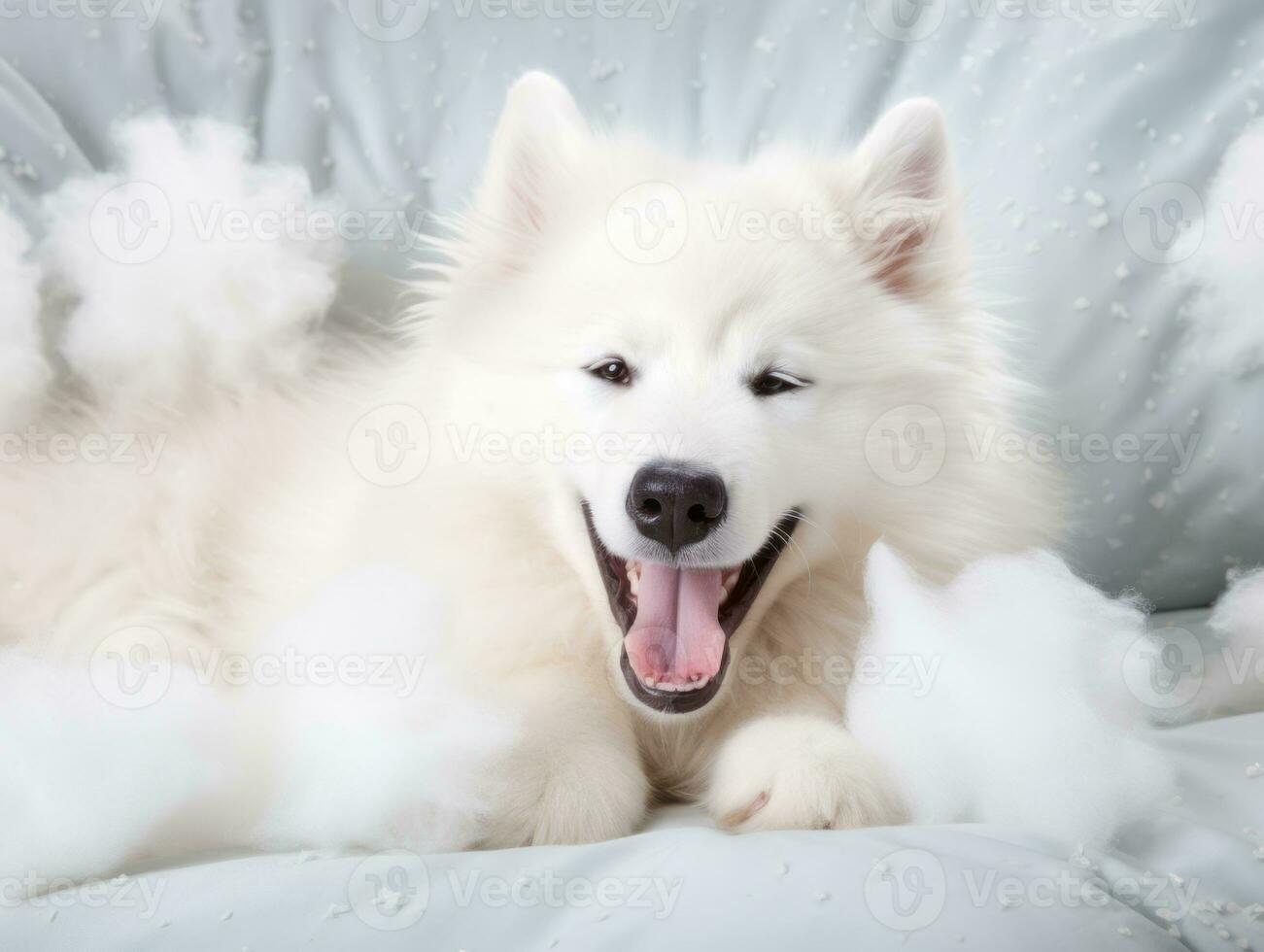 Dog with a mischievous expression surrounded by torn-up pillows AI Generative photo