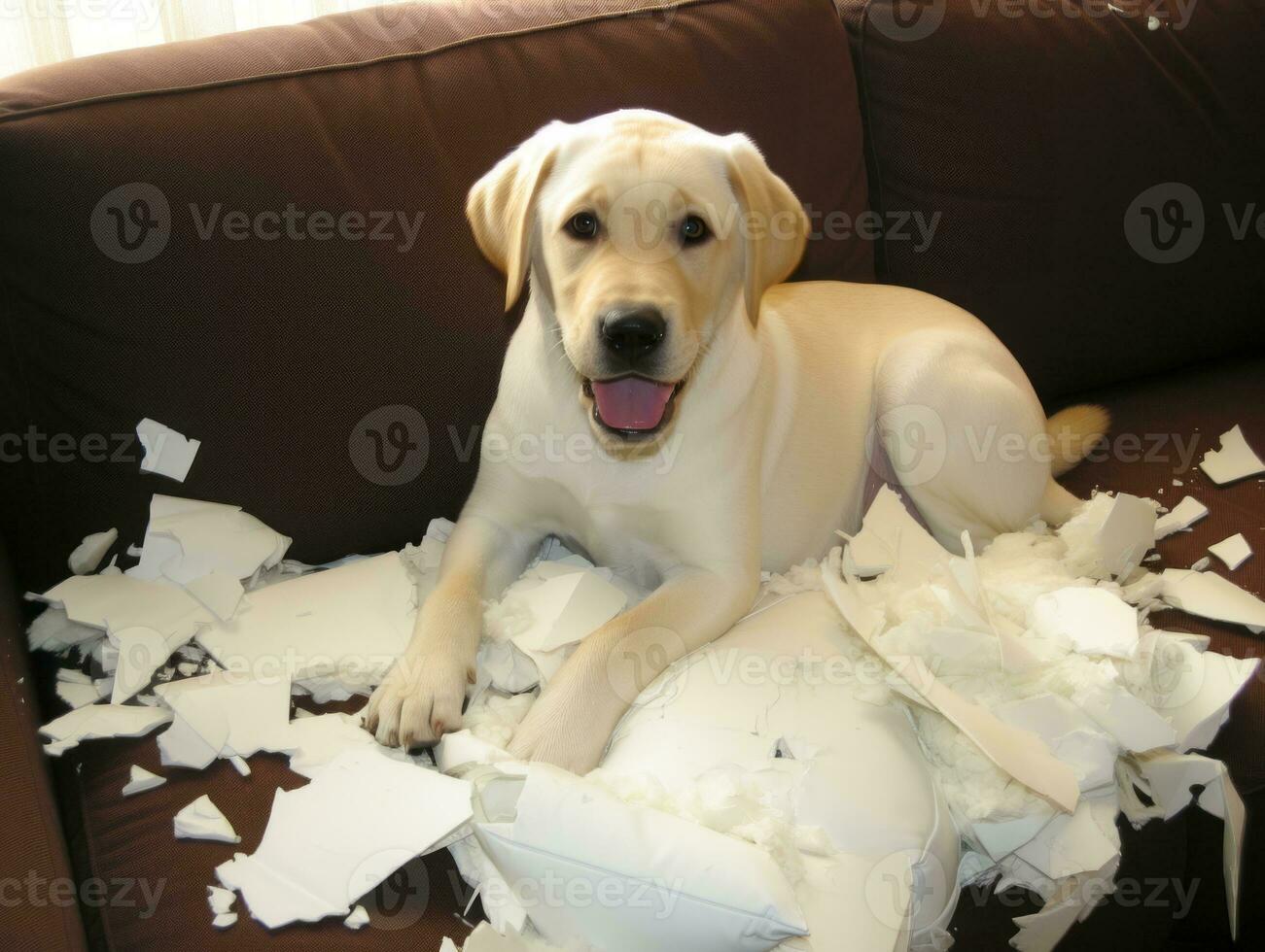Dog with a mischievous expression surrounded by torn-up pillows AI Generative photo