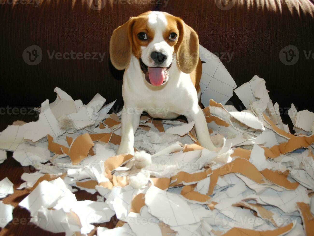 Dog with a mischievous expression surrounded by torn-up pillows AI Generative photo