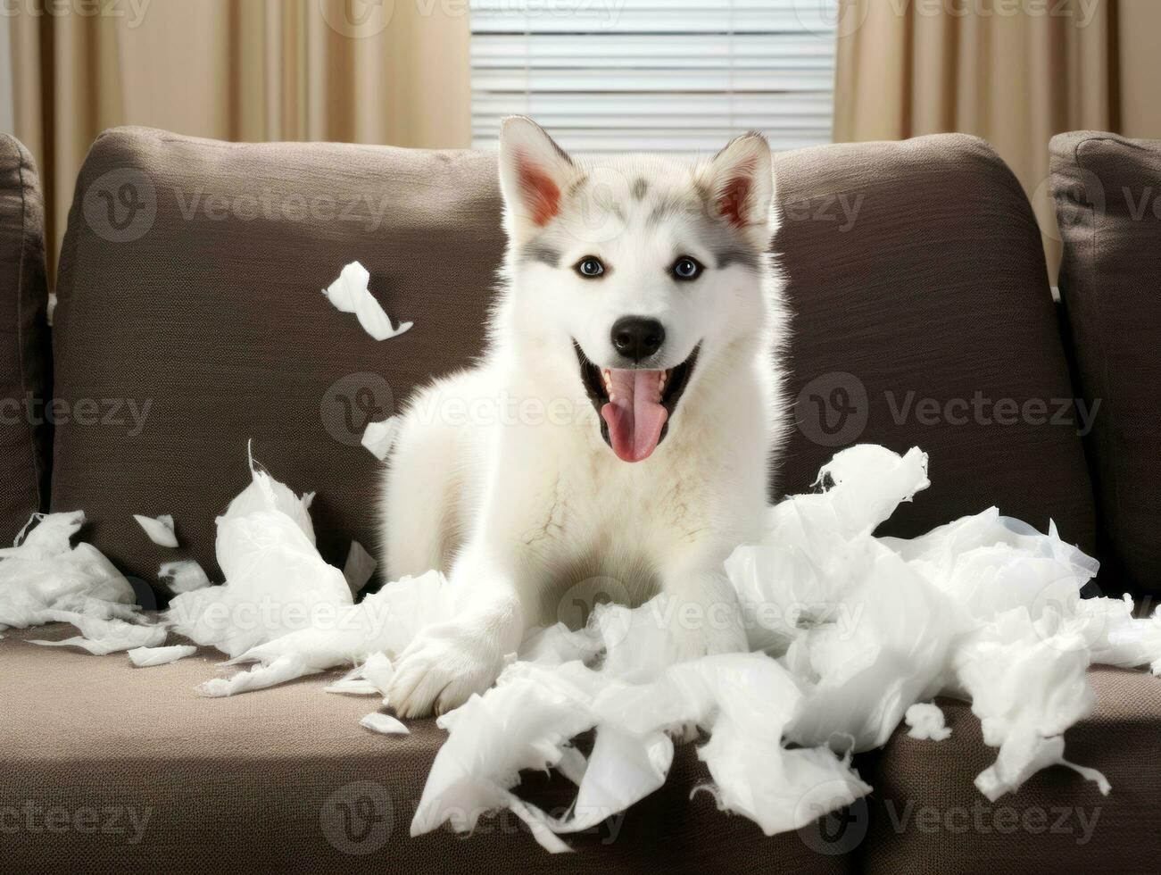 Dog with a mischievous expression surrounded by torn-up pillows AI Generative photo