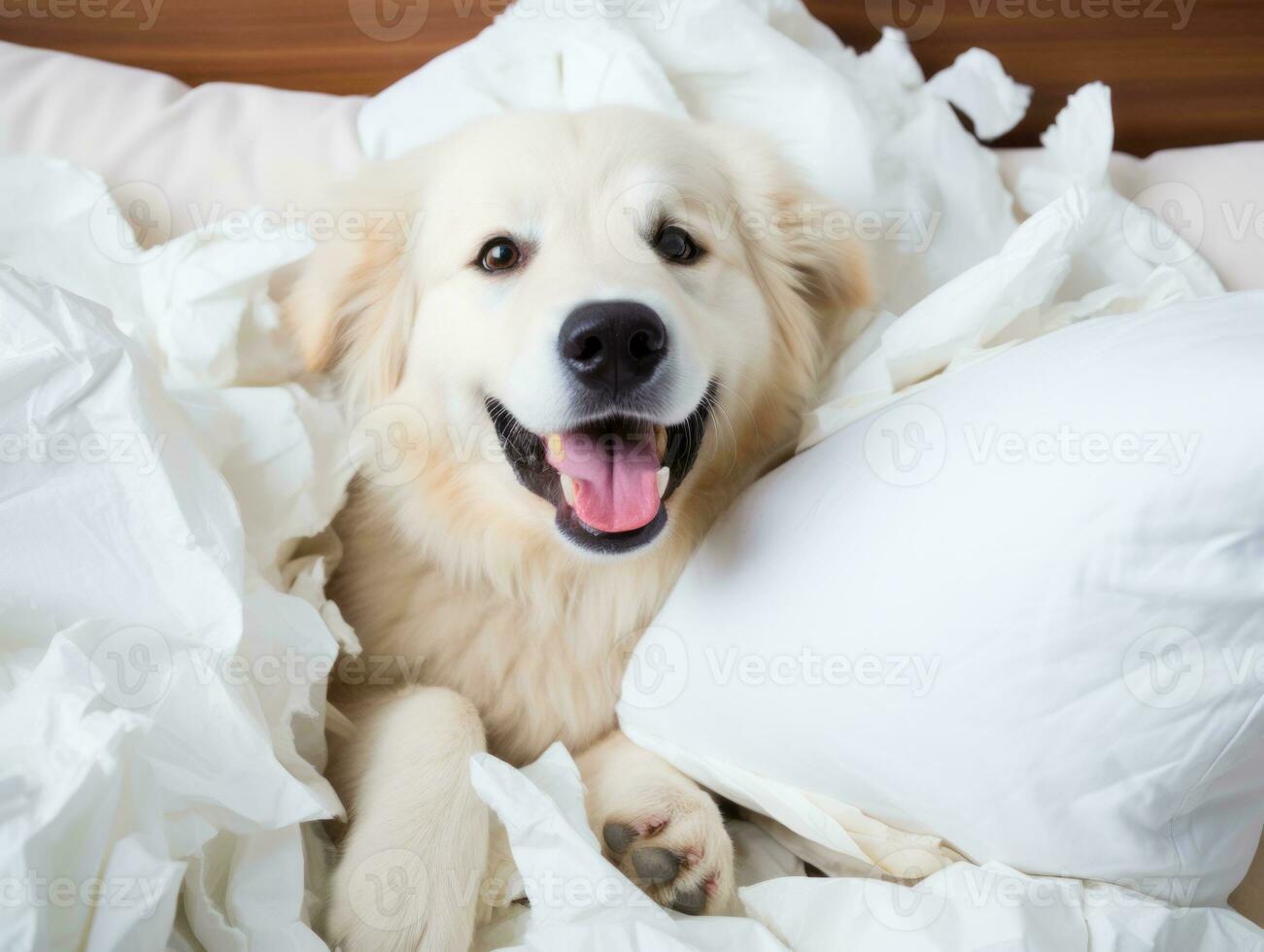 Dog with a mischievous expression surrounded by torn-up pillows AI Generative photo